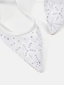 CUCCOO HITCHD Pointed Breathable Mesh Embroidery Rhinestone Hollow Fashion Elegant Temperament Versatile Sexy Fairy Banquet White High Heels - White - View 5