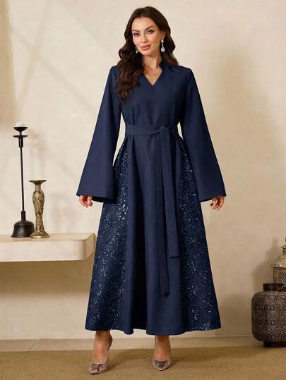 Al Najma Women's Embroidered V-Neck Flare Sleeve Elegant Arabic Style Dress