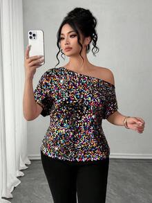 Elenzga Plus Size Women's Fashionable Colorful Beaded Cold Shoulder Top - Multicolor - View 4