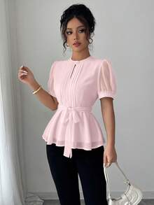 Elenzga Áo kiểu nữ thanh lịch cổ tròn tay phồng thắt eo nơ dáng chữ A tối giản tay ngắn, thích hợp cho mùa xuân/hè. - Hồng - Xem 3