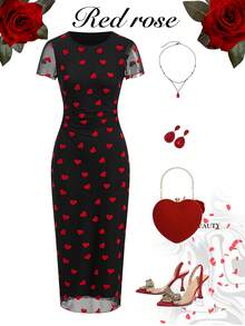 Ellevyn 女士优雅荷叶边修身及膝连衣裙，饰以爱心印花网纱，适合夏季和情人节约会 - 紅色和黑色 - 查看 3