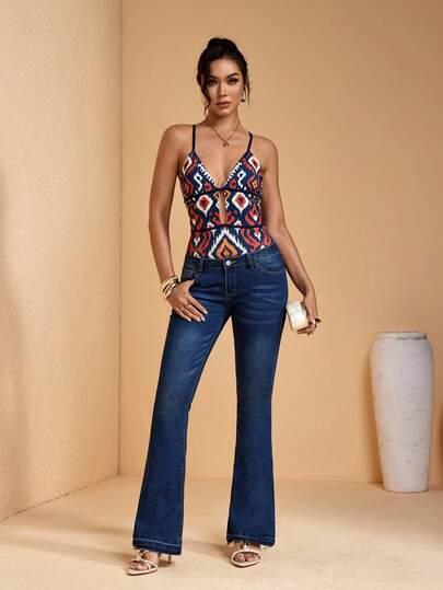 JIAN LASALA Multicolor Print Spaghetti Straps Deep V-Neck Contrast Binding Women Bodysuit Summer Vacation Boho Sexy