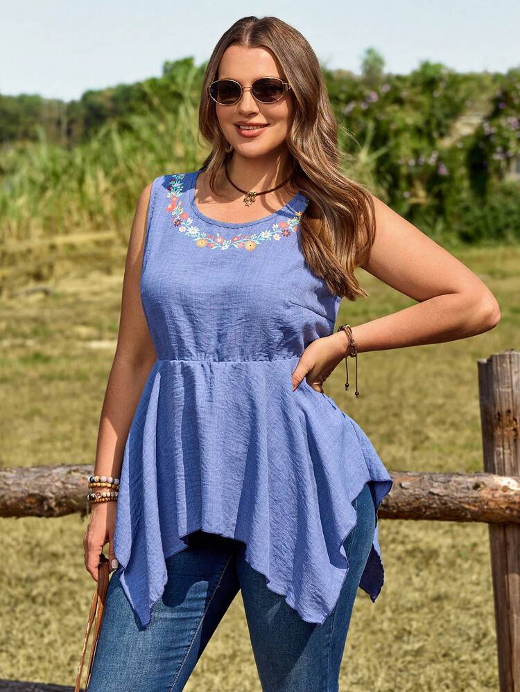 Plus Size WomenBoho Blue Plus Size Blouse For Women Sleeveless Floral Embroidered A Line Tunic Top Stylish Everyday Wear Summer Outfit For Plus Size Women Festival Outfits For Plus Size Women Beach Outfits For Plus Size Women Vacation Outfits Plus Size  Women Country Concert Outfit Boho Outfit