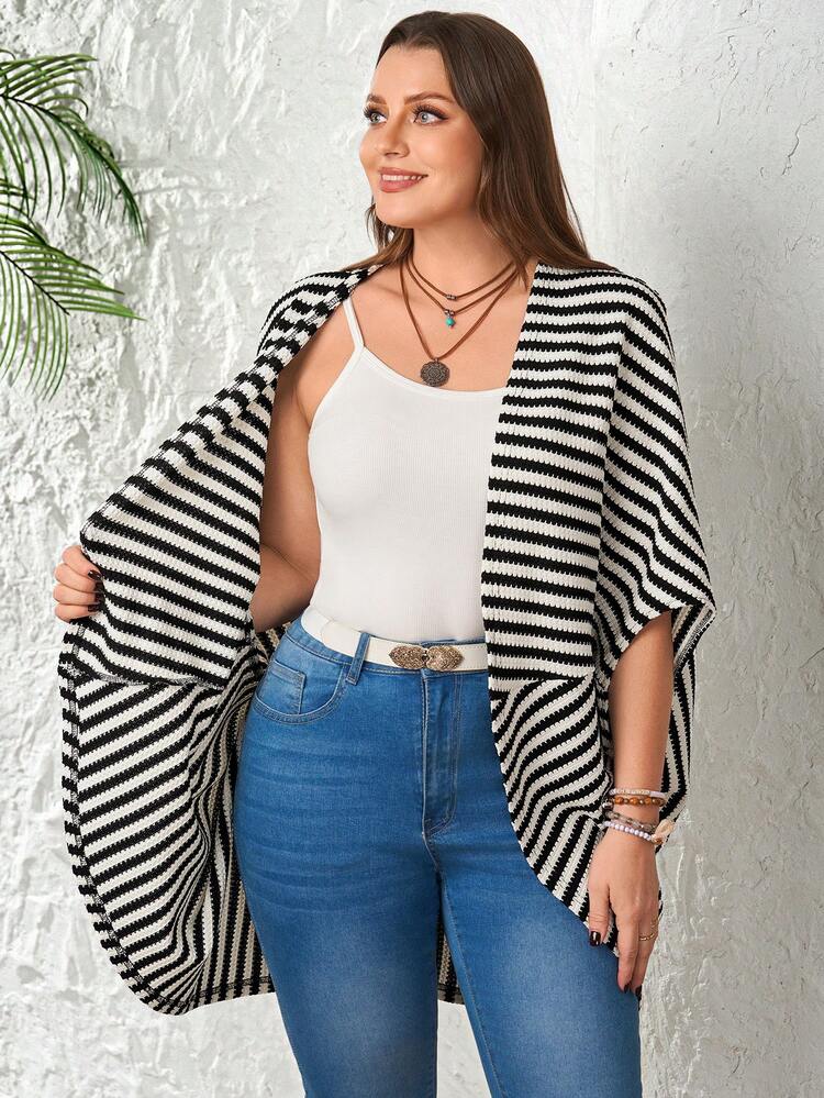 Plus Size Women's Summer Casual Vacation Country  Spring/Summer Casual Black And White Striped Batwing Sleeve Jacket,Summer\Vacation,Summer Holiday,Spring Break Outfits ,Vacation Outfits Women ,Holiday Outfits For Women,Going Out Outfits,2026 New Clothes,Simple And Fashionable For Everyday Wear,Suitable For Summer, Vacation, Daily Wear,Lightweight Cardigan,Loose Coats