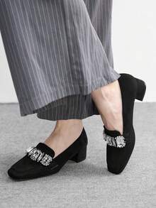 CUCCOO BIZCHIC Women's New Thick Heel Loafers, Fashionable Suede Rhinestone Decor Square Toe Shoes - Black - View 6
