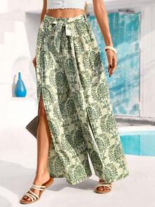 Green Slit Tie-Up Wide Leg Pants, Vacation, Casual Vacation, Summer Wide Leg Trousers Womens Pants Printed Trousers - Green - View 4