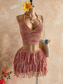 Soleia Bộ đồ 2 mảnh dành cho nữ gồm áo crop top cổ chữ V buộc dây sau lưng và chân váy ngắn tua rua, thích hợp cho tiệc tùng, Giáng sinh, hẹn hò, hộp đêm, phong cách Bohemian, Boho, kỳ nghỉ, mùa thu. - Nhiều màu - Xem 3