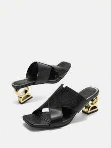 Bholvia Sandalias de tacón alto negro para mujer, cómodas y versátiles con punta cuadrada, estampado de piel de serpiente y tacón asimétrico - Negro - Ver 14