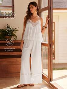 Bohemian Style Sleeveless 100% Cotton Women Pajama Set - White - View 1