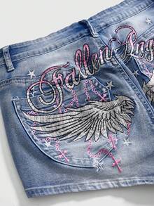 ROMWE Grunge Punk Quần short denim mini cỡ lớn in hình cánh, dây chuyền, thánh giá và ngôi sao phong cách Y2K cổ điển. - Màu xanh lam - Xem 3
