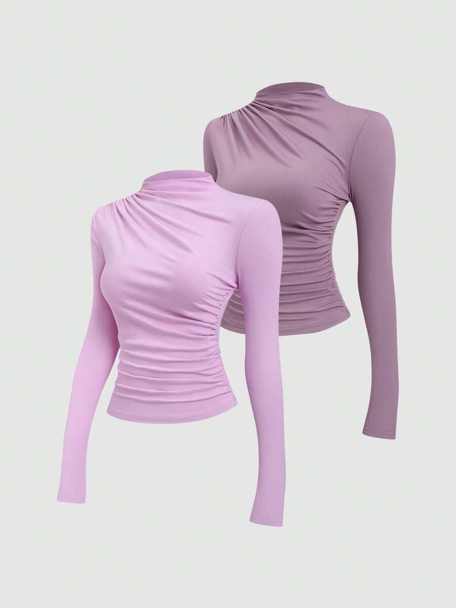 Sweetra Maglietta a maniche lunghe con collo alto plissettato, stile Y2K sexy - Multicolore - Visualizzare 1