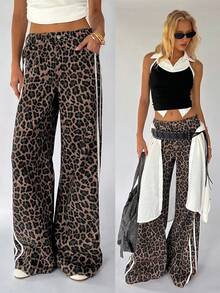 TRNVIE Jeans rectos de cintura baja con estampado de leopardo y cinta de moda informal - Marrón - Ver 7