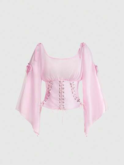 ROMWE Kawaii Blusa de mujer con parches de gasa y satén, manga asimétrica, cinturón, elegante y casual para vacaciones