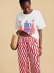 Travachic 女士弹力腰带波浪条纹阔腿宽松休闲裤，适合春假、派对、海滩、春季、情人节、女士情人节、狂欢节服装、优雅、花卉、狂欢节、春夏过渡、派对、夏季裤装、情人节裤装、女士婚礼宾客裤装、生日裤装、派对裤装、优雅女士裤装、花卉裤装、夏季裤装、狂欢节服装、墨西哥风情裤装、波西米亚风女裤装 - 紅白色 - 查看 3