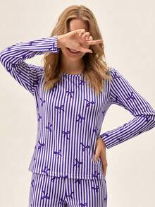 Loomlin Women Cotton 2 Pcs Striped&Bot Pattern Homewear Cute Pajama Set - Lilac Purple - View 5