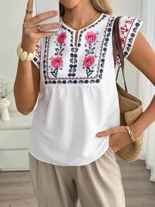Louniche Women's Casual Vacation Style Printed V-Neck Cap Sleeve Shirt - White - View 3