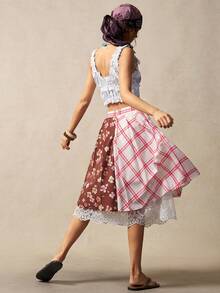 Bohemela 女士夏季休闲度假浪漫优雅法式海滩波西米亚乡村音乐节图案拼接蕾丝细节褶裥A字不规则下摆中长裙，适合海滩、夏季度假 - 彩色 - 查看 8