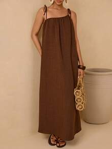Vesra Vestido de tirantes finos sin espalda de unicolor casual para vacaciones - Marrón Mocha - Ver 7