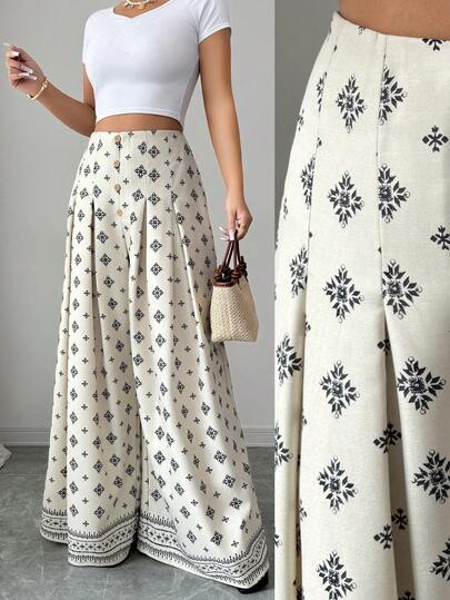 Elenzga Women's Elegant Decorative Button Bohemian Retro Print Wide Leg Pants, Spring/Summer