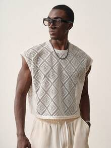 STYNVO Men's Geometric Hollow Out Round Neck Loose Casual Tank Top - Beige - View 4