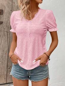 EMERY ROSE Summer Casual Solid Color Textured Lace Trim T-Shirt - Pink - View 5