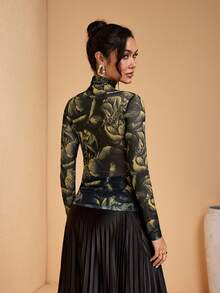 JIAN LASALA 性感印花透视网纱长袖立领修身夏季波西米亚风休闲上衣 - 彩色 - 查看 2