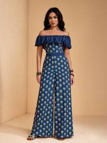 JIAN LASALA All-Over Print Off-Shoulder Wide-Leg Woven Women Summer Jumpsuit Vacation Boho Casual Wear - Navy Blue - View 3