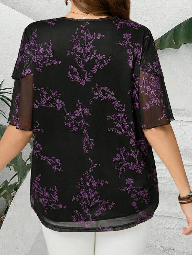 Plus Size Women V Neck Short Sleeve Floral Print Ruffle Sleeve Loose Fit Tunic Top Blouse,Summer Holiday,Vacation,Simple And Fashionable For Everyday Wear,Vacay Vibes,Springbreak,Casual Wear,Bohemia,Flower