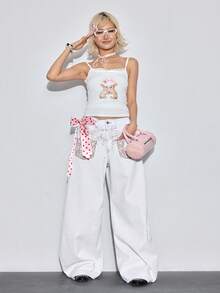 ROMWE Avant Low-Waist Embroidered Tie-Up Wide-Leg Flared Jeans - White - View 4