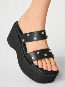 Sugerpunk Women's Black Rhinestone Wedge Platform Slide Sandals - Black - View 3