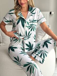 SHEIN All Over Leaf Print Contrast Binding Short Sleeve Button Front Pajama Set With Drawstring Waist Pants Women's Summer Loungewear - Green - View 4