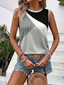 SHEIN Áo tank top nữ cổ tròn kẻ sọc, kiểu dáng thường ngày, đa năng. - Nhiều màu - Xem 3