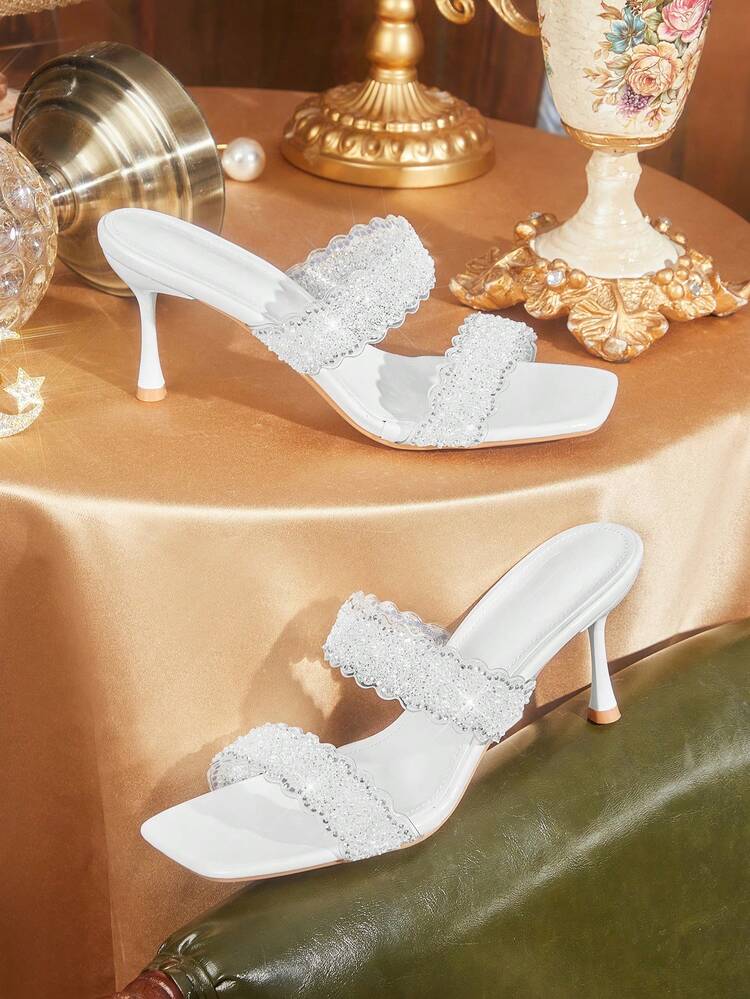CUCCOO TILAWA Women Shoes Square Toe Slender Heel White Transparent Film Rhinestones Sexy Fashion Elegant Gorgeous Women's High Heel Sandals Slippers With Skirts Daily Versatile Banquet Party Women's Sandals