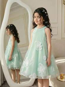 Souflis Souflis Summer Girls Sleeveless Halter 3D Floral Dress, Suitable For Party And Festivals - Green - View 4