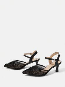 CUCCOO HITCHD Tacones de aguja con diamante de imitación para mujer, de tacón medio. Zapatos de vestir elegantes, casuales y minimalistas, cómodos y de fácil puesta, para bodas, trabajo, citas y ocasiones formales - Negro - Ver 10