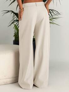 Ronhire 女士优雅知性职场通勤纯色褶裥装饰宽松阔腿西装裤（不含腰带） - 白色 - 查看 2