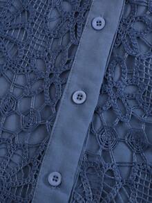 Lacomfia Blus Lengan Pendek Patchwork Renda Modis Longgar Nyaman Serbaguna Melangsingkan Elegan Kasual Ukuran Besar Warna Cokelat untuk Olahraga Musim Panas - Biru - View 3