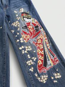 ROMWE Avant Women's Casual Everyday Commute Japanese Character Embroidery Washed Loose Wide-Leg Jeans - Dark Wash - View 4