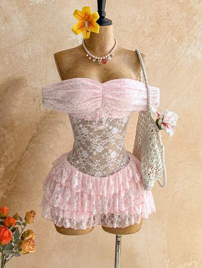 Soleia Elegant Lace Ruffle Trim Jumpsuit, Suitable For Vacation, Spring/Summer Pink Ruffle Dress Frilly Dress Sweetra Dress