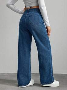 SHEIN Cottnline Casual Washed High Waist Straight Leg Jeans - Royal Blue - View 2