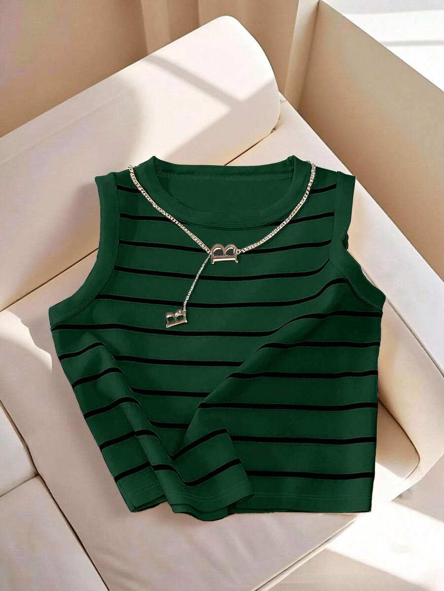 Lyxana Women's Striped Crew Neck Casual Versatile Daily Wear Top - Dark Green - View 1