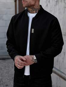 Manfinity Homme 男士字母刺绣拉链领休闲棒球夹克 - 黑色 - 查看 3