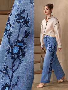Selenza Women's Floral Embroidered Pocket Wide Leg Loose Casual Jeans - Blue - View 7
