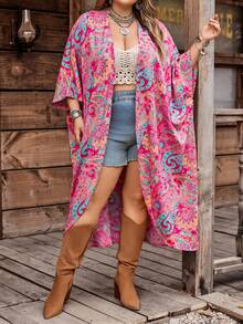 SHEIN CURVE+ Curve Size US22Music Festival, Seaside Vacation, Bohemia Women Floral Print 3/4 Sleeve Loose Kimono Robe Vacation Outfits Women Curve - Hot Pink - View 5