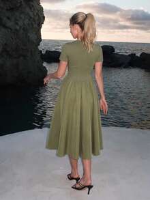 Turnttoni Black Herringbone Print Mid-Length Dress,Sun Dress - Army Green - View 2