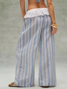 Bohemela Quần ống rộng kẻ sọc dệt kiểu dáng thường ngày dành cho nữ - Màu xanh lam - Xem 5