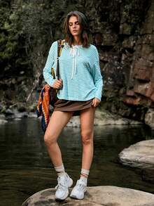 Medorelle Women's Striped Long Tie-Front Casual Crew Neck Top - Blue - View 6