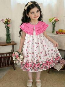 SHEIN LMoss Kids 女童碎花彼得潘领修身连衣裙，适合假日穿着；女童/女婴优雅可爱撞色碎花宽松连衣裙，配蝴蝶结领；春夏薰衣草色女童连衣裙；淡紫色童装连衣裙；紫色碎花连衣裙；女童茶会连衣裙；田园风女童连衣裙；可爱女婴薰衣草印花连衣裙，饰有大蝴蝶结和荷叶边袖子，是春夏活动的完美之选。 - 粉色 - 查看 2