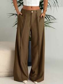 Ronhire Elegant & Chic Brown Wide Leg Pants With Pleated Leg Design, Suitable For Fall/Autumn - Rust Brown - View 5