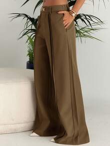 Ronhire Elegant & Chic Brown Wide Leg Pants With Pleated Leg Design, Suitable For Fall/Autumn - Rust Brown - View 6